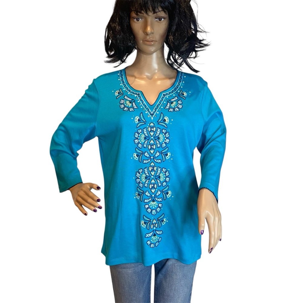 Alfred Dunner Teal Embellished Embroidered 3/4 Sleeved Top Shirt Size Medium EUC